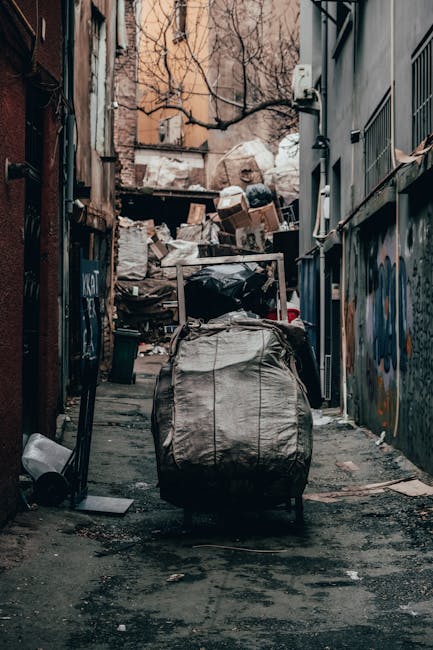 A narrow urban alleyway filled with a large collection of mixed waste and rubbish. In the foreground, a large, weathered grey plastic bag, partially open, is mounted on a metal trolley with wheels, intended for waste collection or disposal. Behind it, piled high against an uneven wall, are numerous cardboard boxes, some crushed, and black plastic refuse bags stacked haphazardly. The alley is flanked by tall, aged brick and concrete buildings, with one side featuring graffiti and barred windows, while the opposite side has metal grilles over doors and vents. A few scattered debris, such as a discarded cup and small pieces of trash, are visible on the cracked, dark pavement surface which shows signs of staining and wear. In the background, leafless tree branches extend over the scene, with additional mounds of cardboard and garbage further stacked, creating an overall impression of clutter and neglect that could be targeted for private waste clearance services, such as those provided by House Clearance West Kensington. The natural lighting hints at overcast conditions, adding to the overall dull and neglected atmosphere typical of locations requiring rubbish removal or cleanup.