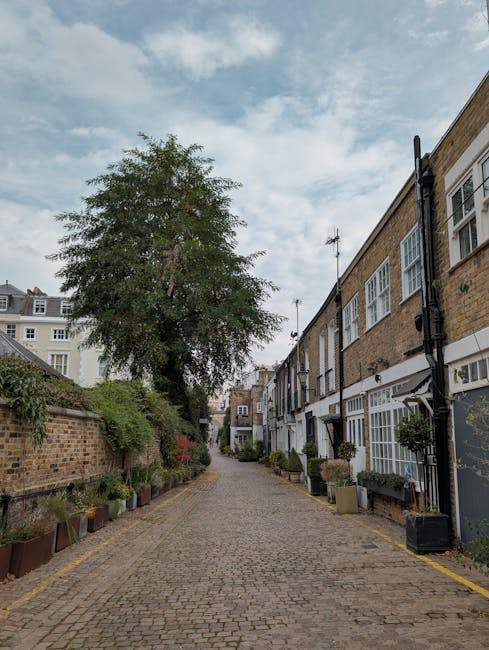 A narrow cobbled street in a residential area with a large leafy tree on the left side, surrounded by potted plants and bushes along a brick wall. On the right, there are white-painted terraced houses with brick facades, sash windows, and black guttering, some with small front gardens or planters. The street curves gently into the distance, lined with concrete or brick borders to delineate parking or walking areas. The sky overhead is mostly cloudy with patches of blue, creating soft, diffuse lighting across the scene. The overall setting reflects an urban neighborhood typical of central London, where independent waste collection and private rubbish disposal services might be used for household clearance or garden waste removal, supported by companies like houseclearancewestkensington.co.uk. This scene emphasizes the importance of proper waste handling in such residential environments, especially when removing garden debris or accumulated rubbish from smaller properties without reliance on local authority collections.